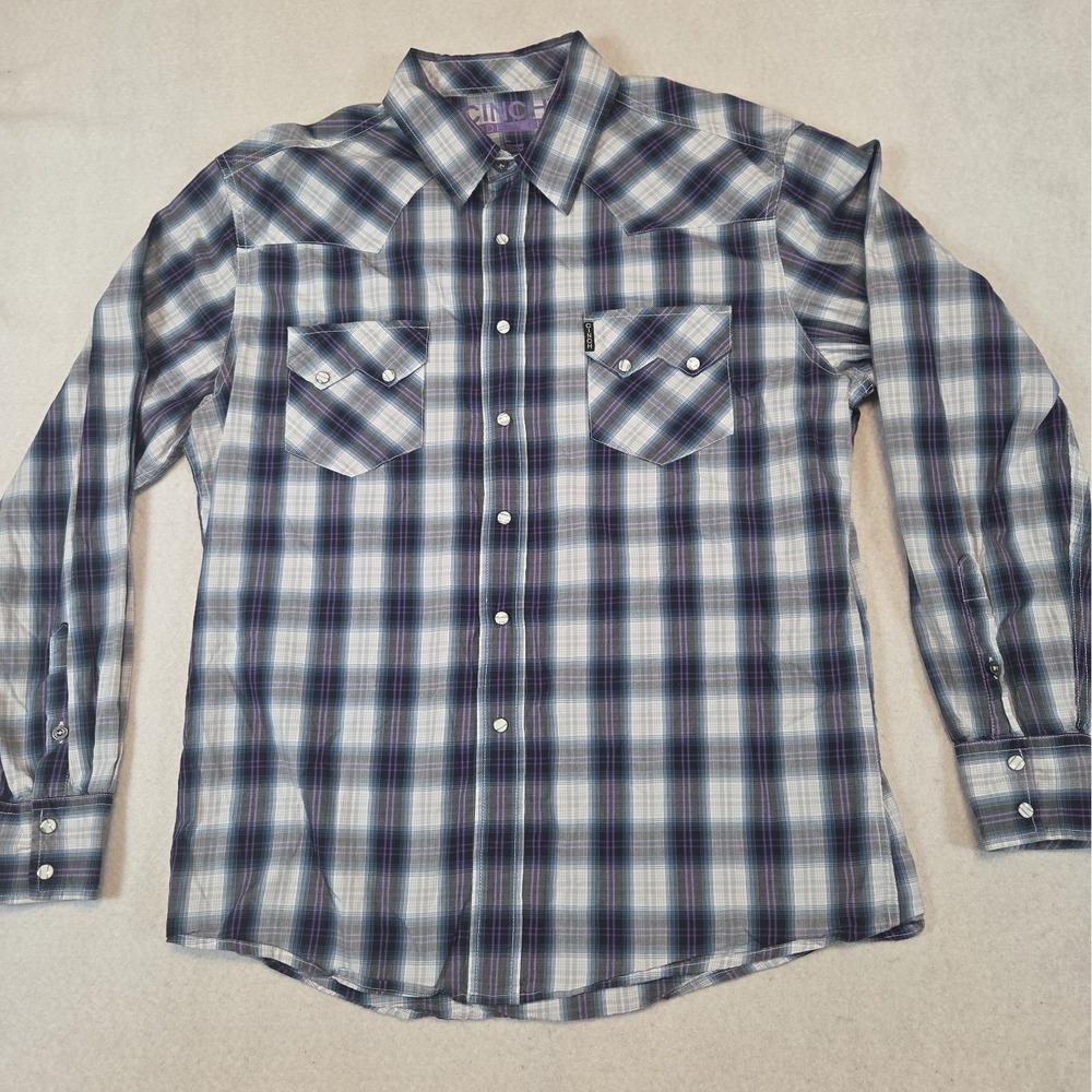 CINCH Pearl Snap Western Shirt Mens L Sawtooth  Black Purple Gray Plaid Cowboy